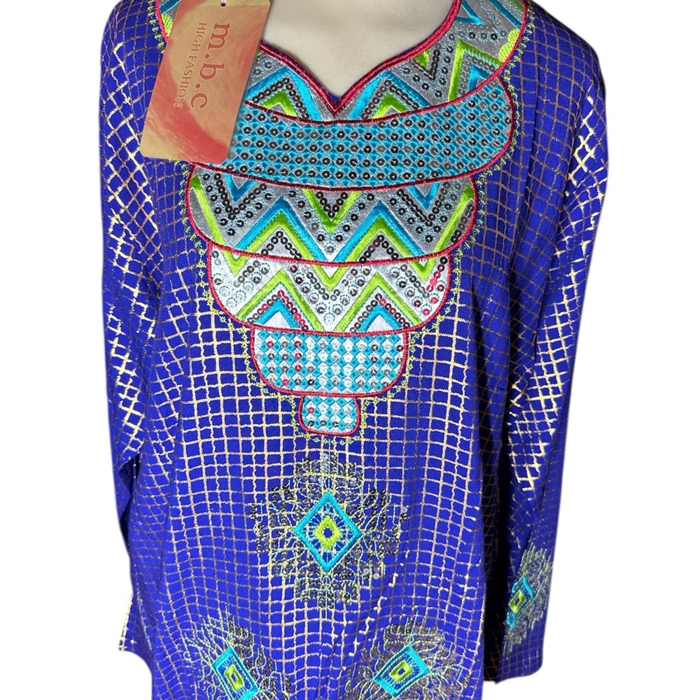 BNWT m.b.c Kaftan MooMoo Long Sleeve Iridescent Sequin Peacock Kaftan Dress OS - Picture 2 of 5